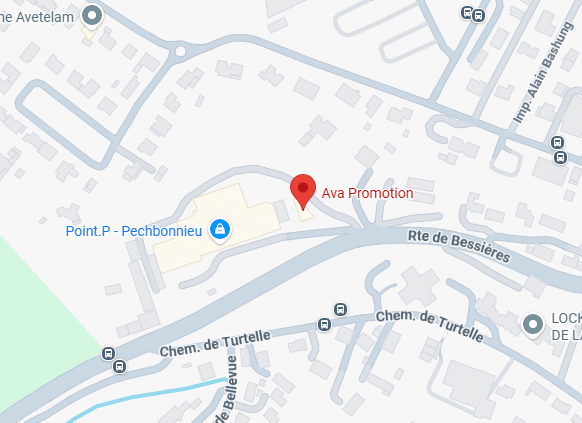 Plan Pechbonnieu : localisation Ava Promotion et Point.P Plan de Pechbonnieu montrant Ava Promotion, Point.P et la Route de Bessières avec arrêts de bus.